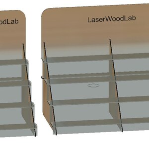 May include: Two brown cardboard display stands with the text "LaserWoodLab" on the top. Each stand has five shelves for displaying products.
