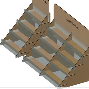 May include: A brown cardboard display stand with five shelves. The stand is angled and has a back panel with the text "LaserWoodLab" printed on it.