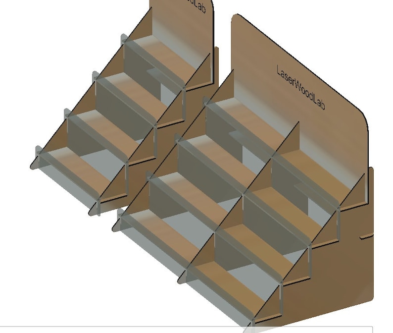 May include: A brown cardboard display stand with five shelves. The stand is angled and has a back panel with the text "LaserWoodLab" printed on it.