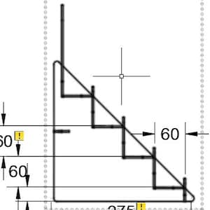 May include: A black and white line drawing of a shelf unit with four shelves. The shelf unit is 275 cm wide and 60 cm tall. The shelves are spaced 60 cm apart.