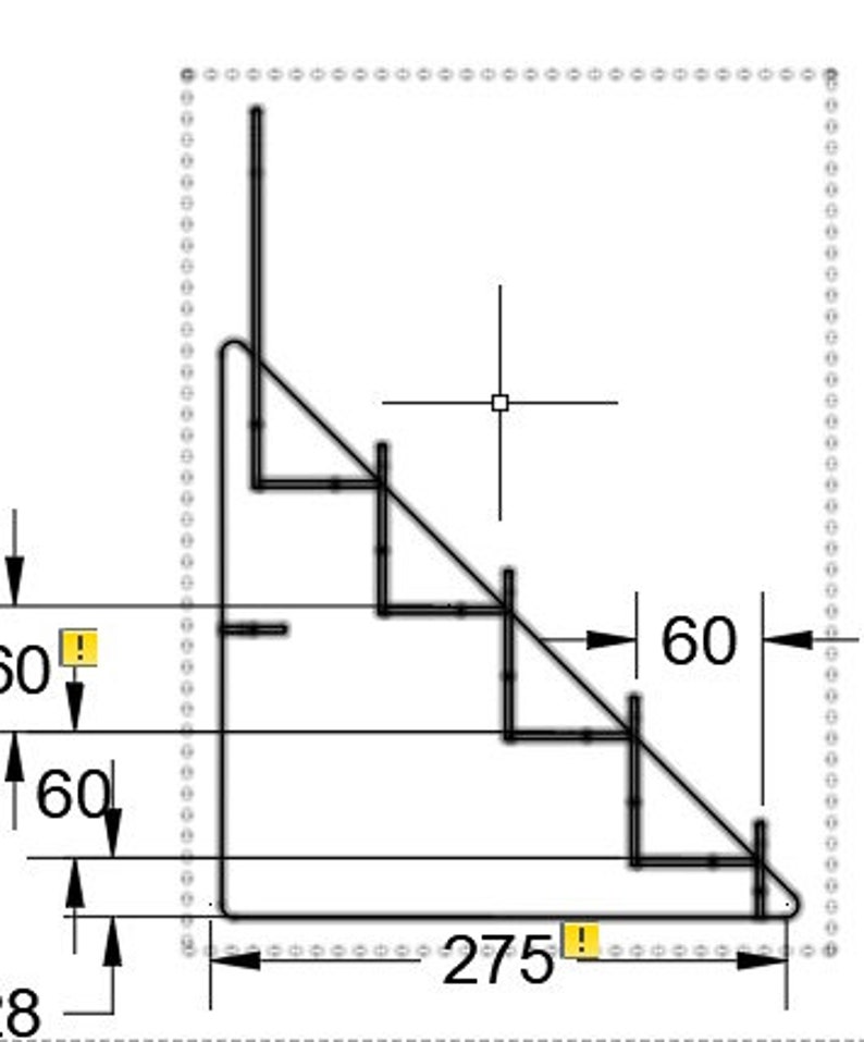 May include: A black and white line drawing of a shelf unit with four shelves. The shelf unit is 275 cm wide and 60 cm tall. The shelves are spaced 60 cm apart.