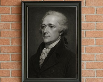 May include: A framed black and white portrait of a man in a dark coat and white cravat. The portrait is hanging on a brick wall above a wooden table with a potted plant. A black lamp and gray sofa are also in the room.