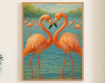 Flamingos in Love Oil Painting Print: Beach House Wall Art (Printable Download)