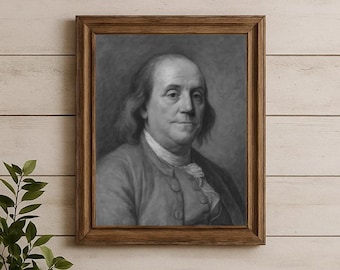 May include: A framed black and white portrait of Benjamin Franklin, depicted in a historical coat with a cravat. The artwork is enclosed in a medium-toned wooden frame, showcasing a detailed rendering of the subject's facial features and hair.