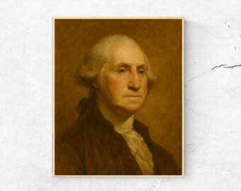 May include: A framed portrait painting of George Washington, depicted in a bust-length view against a warm, dark brown background. The subject wears a dark coat with a white cravat, rendered in oil painting style with visible brushstrokes.