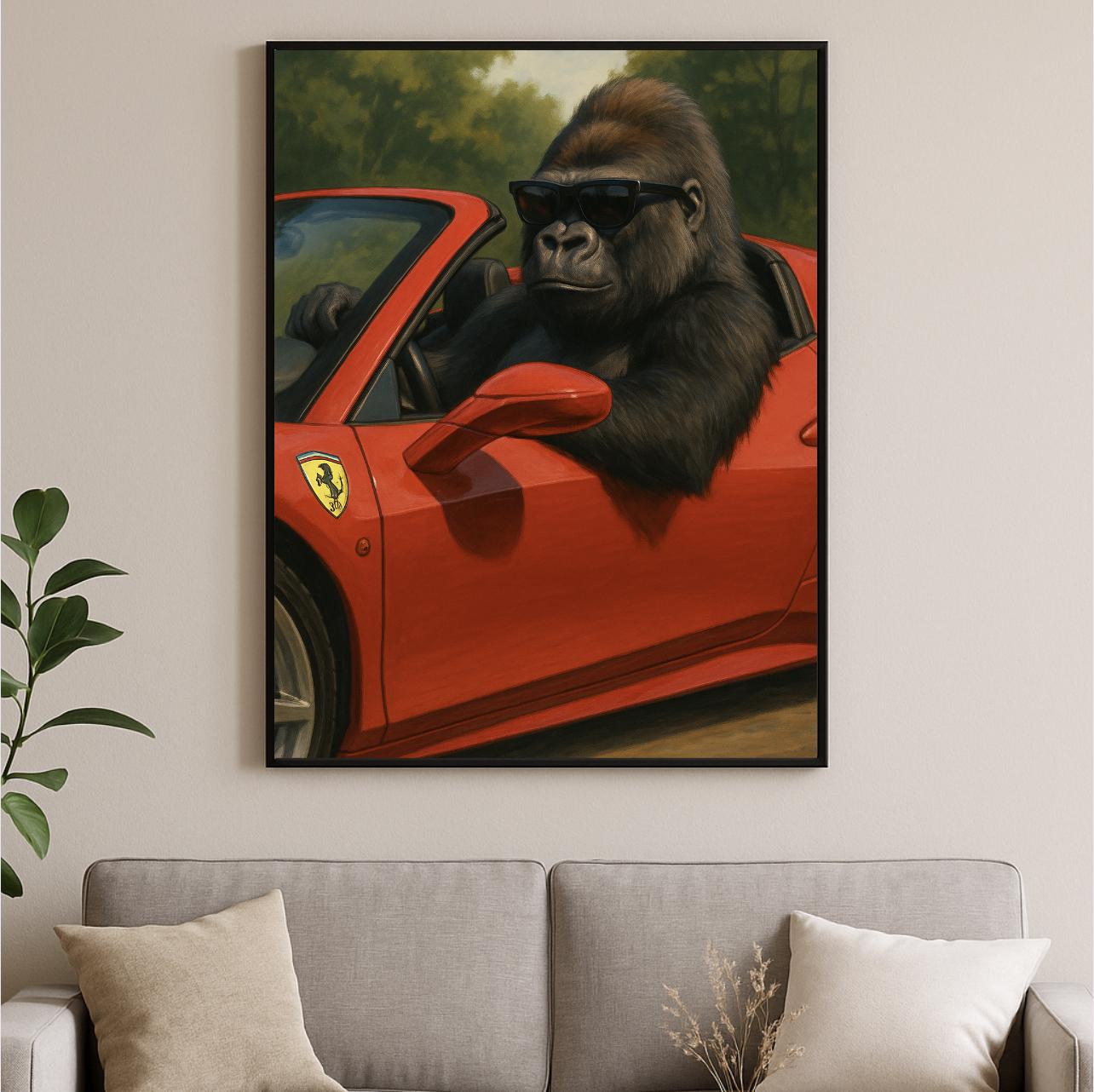 Gorilla Driving Ferrari With Sunglasses Panting Print: (PDF