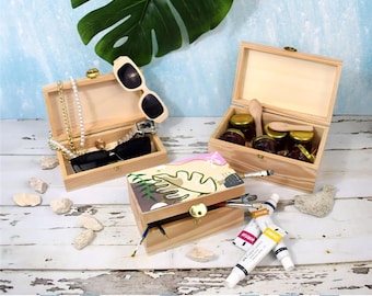 Caja del tesoro | Caja de Almacenamiento de Madera Sin Pintar Liso| Joyero pequeño |Caja pequeña de madera con pestillo| Caja de regalo de boda – 3 tamaños| 1 unidad