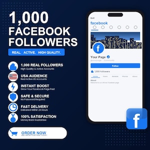 Può includere: Una pubblicità digitale che promuove i follower di Facebook. L'immagine presenta uno smartphone che mostra una pagina Facebook con 1.000 follower. Il testo evidenzia funzionalità come follower reali, pubblico statunitense, aumento immediato, ecc.
