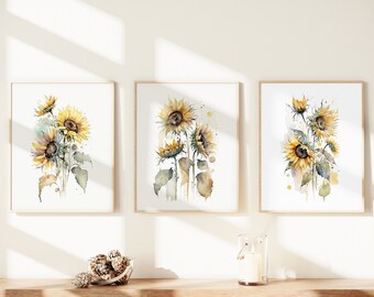 Wall Art | Sunflowers | Floral Art | 3piece Wall Art | Digital Download | Home Decoration |  Triptych Wall Art |  Watercolor Art