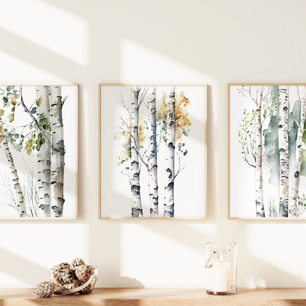 Wall Art | Birch Trees | Floral Art | 3piece Wall Art | Digital Download | Home Decor  |  Triptych Wall Art |  Watercolor Art
