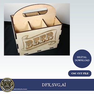 May include: A wooden beer caddy with a handle and six slots for holding bottles. The caddy is engraved with the word "BEER" in a decorative font.