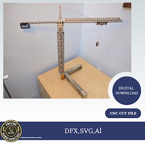 May include: A wooden model of a construction crane with a red and white string attached to the hook. The crane is on a wooden base and the text "DİGİTAL DOWNLOAD" and "CNC CUT FİLE" are visible in the image. The text "DFX, SVG, Aİ" is also visible in the image.