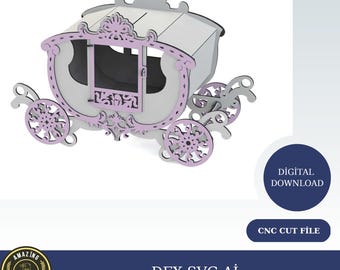 DXF vrijstaande prinses koets digitaal bestand/dxf-bestand/svg-bestand | AI-bestand/cnc-snijrouter/Directe download/Digitale sjabloon/PDF