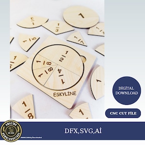 May include: Wooden puzzle featuring a circle divided into fractions, including 1/2, 1/4, 1/8, and 1/8. The puzzle pieces are labelled with the corresponding fractions. The puzzle is labelled "ESKYLİNE".