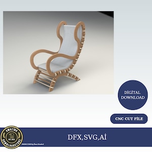 以下が含まれることがあります： 白いクッションが付いた木製チェアのCNCカットファイルのデジタルダウンロード。ファイルはDFX、SVG、AI形式で入手できます。椅子は、湾曲した背もたれとアームレストを持つユニークなデザインです。