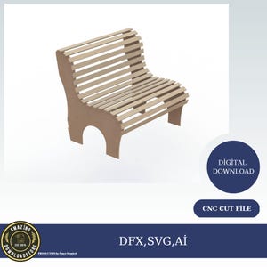 Puede incluir: Una descarga digital de un archivo de corte CNC para un banco de madera. El banco tiene un respaldo curvo y un asiento de listones. El archivo está disponible en los formatos DFX, SVG y AI.