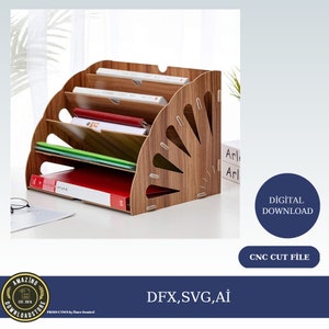 May include: A wooden desktop organizer with five shelves and a decorative fan-shaped cutout. The organizer is brown and has a natural wood finish. It is filled with books and papers.