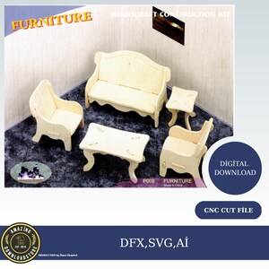 Miniaturowe meble do mebli, pliki cięte laserowo SVG DXF EPS CdR, meble do domku dla lalek, meble