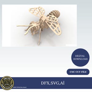 Puede incluir: Una descarga digital de un archivo de corte CNC para un modelo de abeja de madera. El archivo está disponible en los formatos DFX, SVG y AI. La abeja está hecha de madera y tiene un color madera natural.
