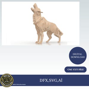 May include: A digital download of a CNC cut file for a wooden wolf sculpture. The wolf is standing on all fours with its head tilted back and mouth open, as if howling. The file is available in DFX, SVG, and AI formats.