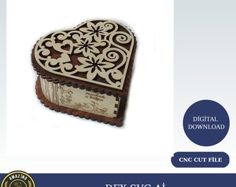 Caixa de joias em forma de coração de madeira cortada a laser Modelo de vetor de história de amor de casamento Download digital | SVG, DXF