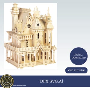 May include: A digital download of a CNC cut file for a detailed wooden model of a Victorian house. The file is available in DFX, SVG, and AI formats. The model features intricate details, including a porch, balconies, and a tower.