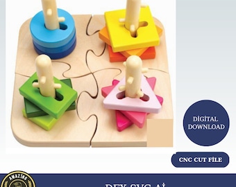 Rompecabezas de formas geométricas de madera para niños, juguetes Montessori personalizados, archivos SVG de rompecabezas de aprendizaje para corte láser CNC Glowforge