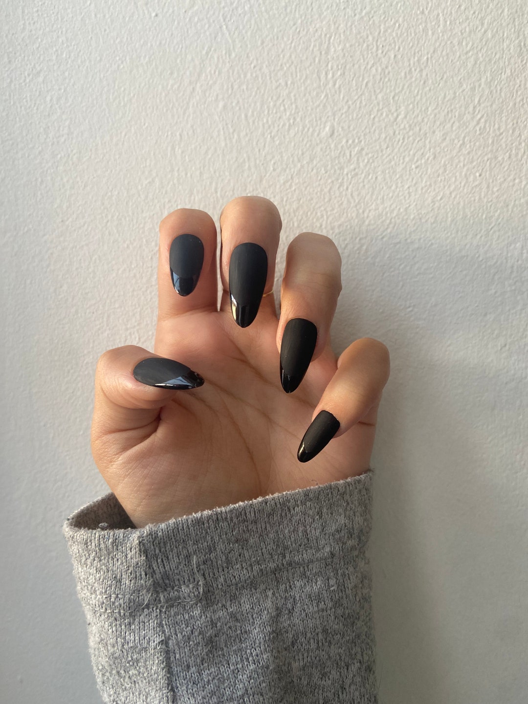 Black Matte French Tip All Black Collection 10 Press on Nails faux