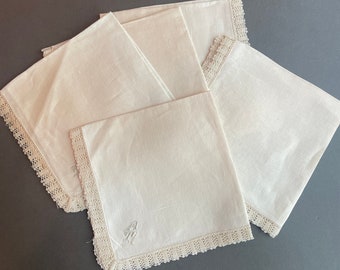Antique linen handkerchief early 20th century. fine embroidered monogram. needlepoint lace. collage, doll craft, junk journal. Vintage charm