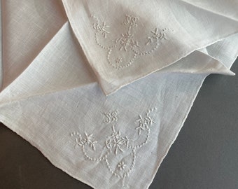 Antique communion pair of cotton handkerchief. early 20th century. delicate embroidered monogram. cushion making, collage, doll craft