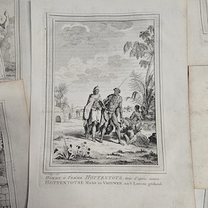 Gravuras litográficas antigas do final do século XIX. Das viagens dos franceses para a África colonial. Impressas em papel de algodão feito à mão.