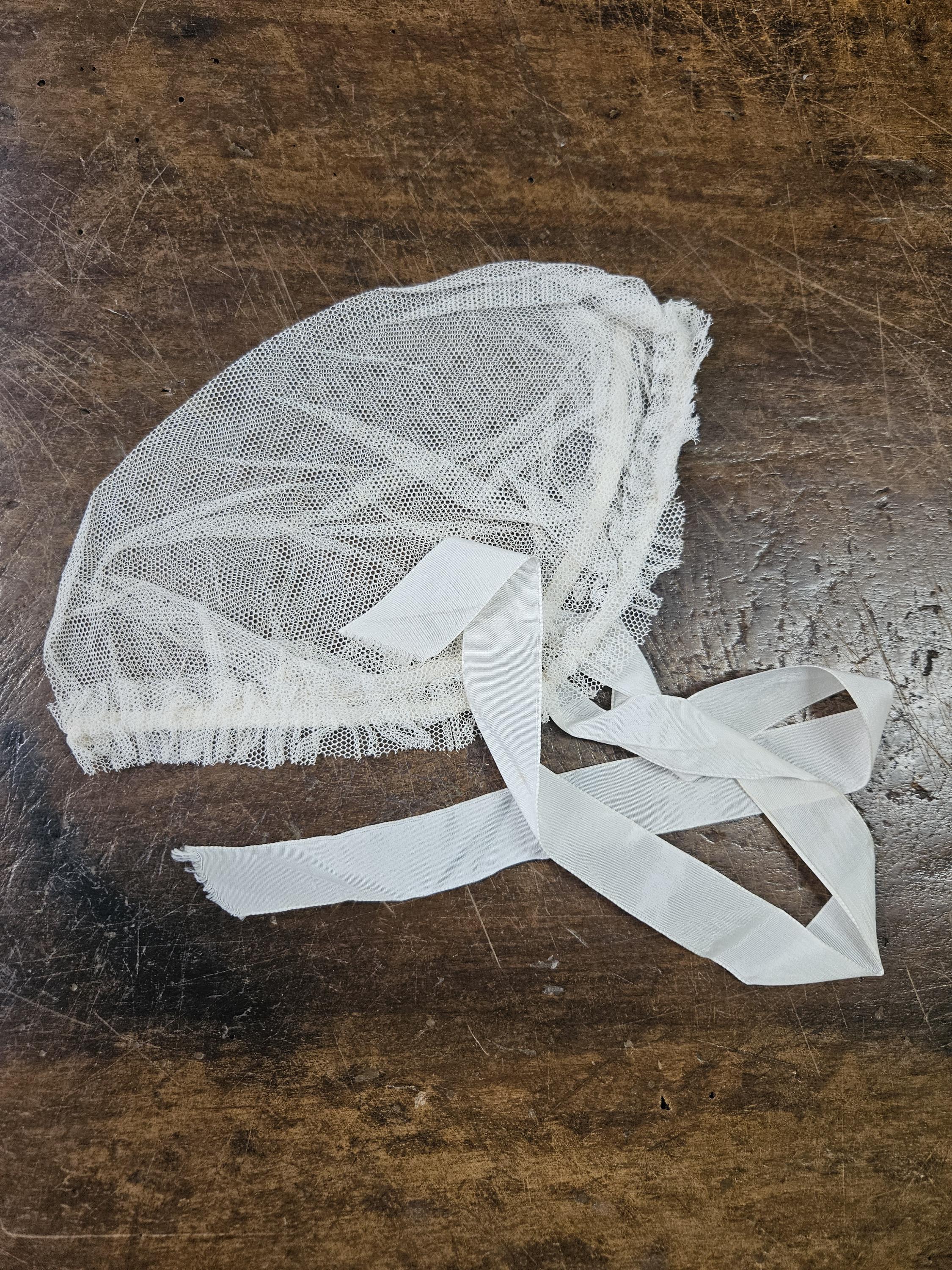 Handmade organza Baby Cap antique french Baptism Bonnet with ribbons. Perfect for Fashion Collectors or doll makers. Vintage charm