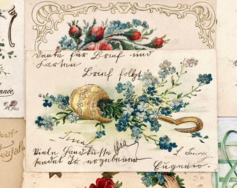 vintage french postcards bundle with decorative cut filigrees, antique calligraphy, gold embossing. early 20th. a must-have for collectors