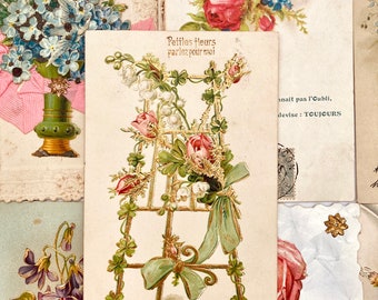 Antieke Franse ansichtkaarten: gouden bloemenornamenten met reliëf, set van 2 inch