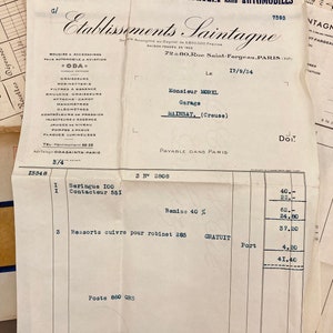 May include: A vintage invoice from Etablissements Saintagne, a French automotive parts company, dated September 17, 1934. The invoice is for a syringe, a contactor, and springs for a faucet. The total cost is 41.40 francs.
