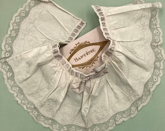 Antique hand embroidered christening cape. floral linen lace christening cape from france, early 1900. vintage ecru delicate floral mesh