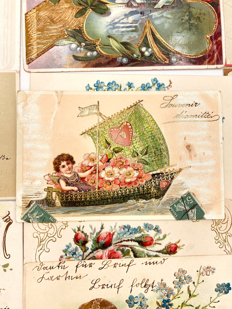 vintage french postcards bundle with decorative cut filigrees, antique calligraphy, gold embossing. early 20th. a must-have for collectors image 10