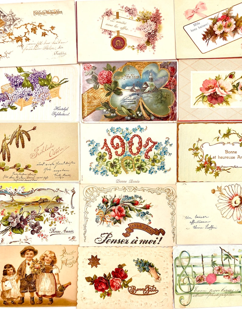 vintage french postcards bundle with decorative cut filigrees, antique calligraphy, gold embossing. early 20th. a must-have for collectors image 6