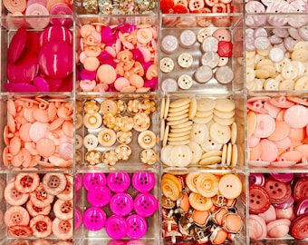 pink vintage buttons set. middle 20th century pink, salmon, fuchsia, cherry, magenta vintage plastic buttons. 10 different old style buttons