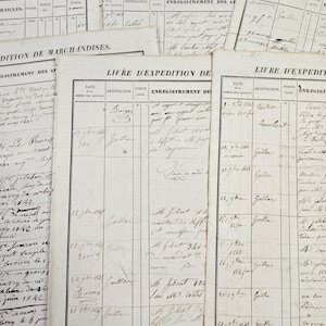 antike handgeschriebene Handschrift. alte französische Kalligraphie. a3 Warenversandregister. Packung mit 3 Seiten aus der Mitte des 19.Jahrhunderts. beidseitig