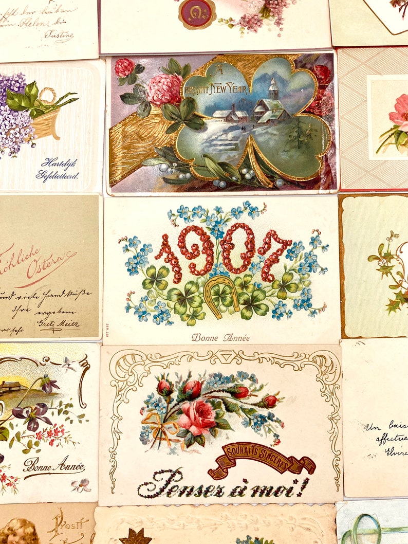 vintage french postcards bundle with decorative cut filigrees, antique calligraphy, gold embossing. early 20th. a must-have for collectors image 4