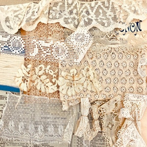 antique french ephemera lace and trim grab bag. Fine embroidered mesh, Valenciennes, bobbin lace, junk journals, doll making, textile art