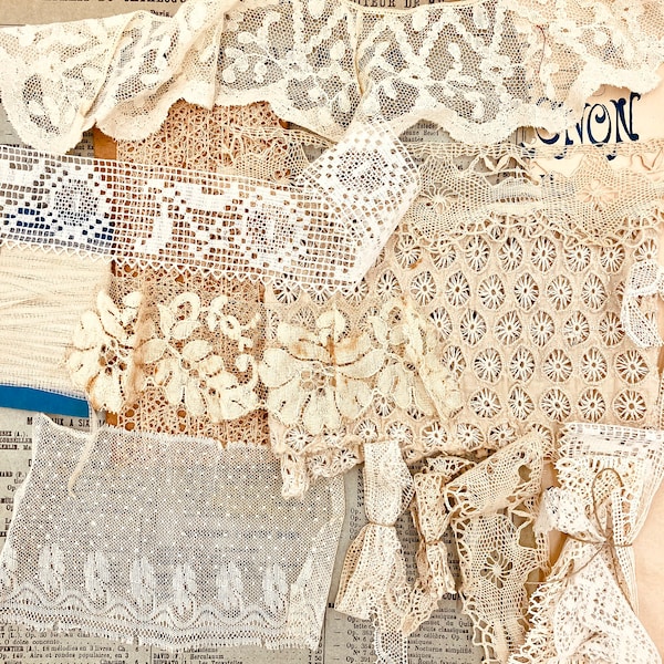 antique french lace set: delicate trim and embroidered Mesh, valencien, bobbin Lace, crochet for junk journals, doll Making, craft Sewing