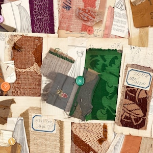 Ensemble français ancien en papier et textile. morceaux de tissu épinglés sur une page de livre, illustrations, boutons et fils pour travaux manuels ou journal indésirable image 1