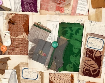 Ensemble français ancien en papier et textile. morceaux de tissu épinglés sur une page de livre, illustrations, boutons et fils pour travaux manuels ou journal indésirable