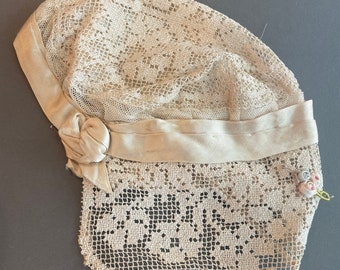 Handmade silk Baby Cap antique french Baptism Bonnet with Lace Accents. Embroidered mesh. Perfect for Fashion Collectors or doll makers.