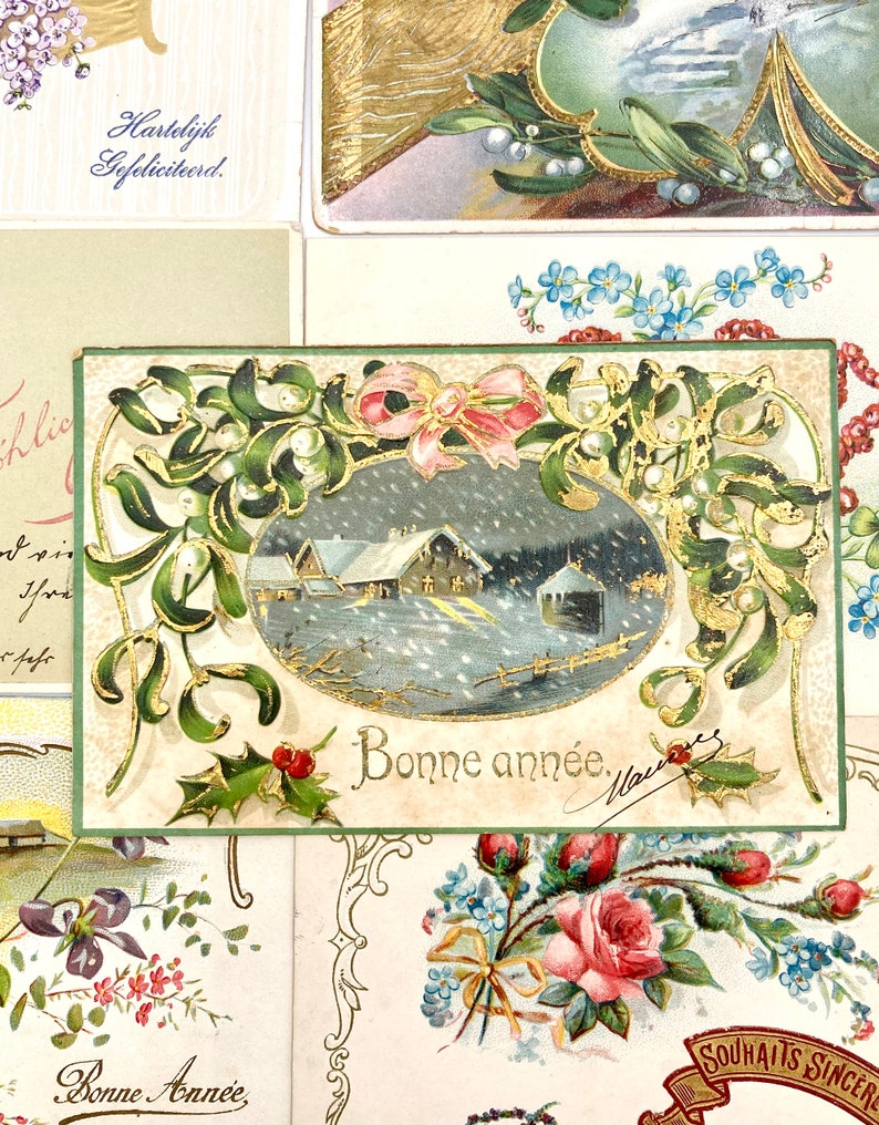 vintage french postcards bundle with decorative cut filigrees, antique calligraphy, gold embossing. early 20th. a must-have for collectors image 5