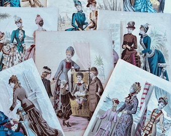 May include: A collection of vintage fashion illustrations, featuring women and children in elegant attire. The prints showcase detailed drawings of dresses, coats, and hats in various colors, including blue, brown, and purple. The illustrations are from "Journal des Demoiselles".