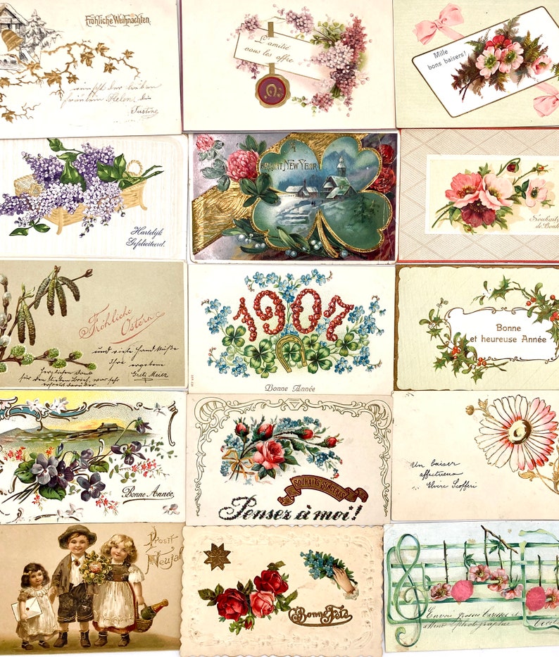 vintage french postcards bundle with decorative cut filigrees, antique calligraphy, gold embossing. early 20th. a must-have for collectors image 2