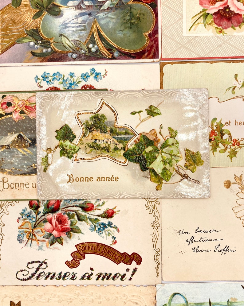 vintage french postcards bundle with decorative cut filigrees, antique calligraphy, gold embossing. early 20th. a must-have for collectors image 3